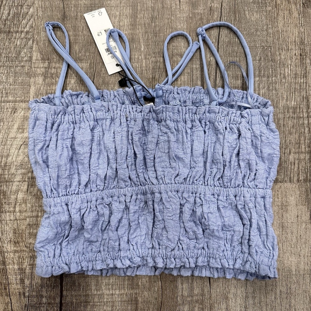 Garage Women's Crop Top P/S Blue Crunch Knit Tie Front Cami Smocked NWT - Picture 7 of 7